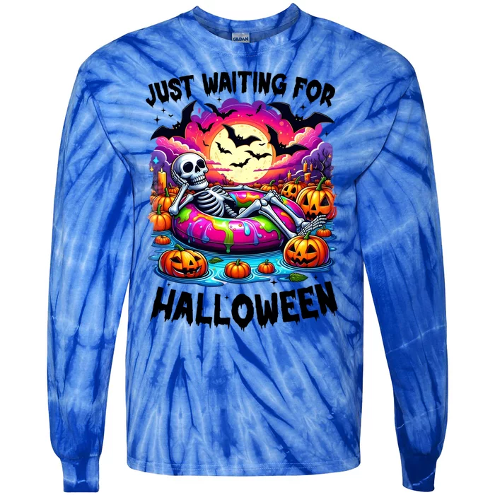 Funny Just Waiting For Halloween Skeleton Spooky Vibe Gift Tie-Dye Long Sleeve Shirt