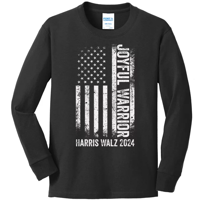 Funny Joyful Warrior Kamala Harris Waltz 2024 Usa Flag Kids Long Sleeve Shirt