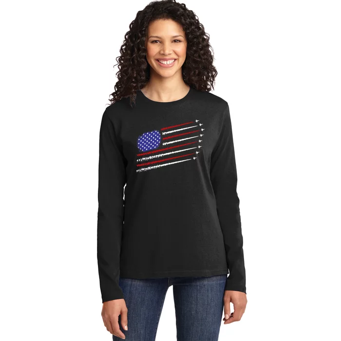 Fighter Jets With Usa American Flag 4th Of July Celebration Ladies Long Sleeve Shirt