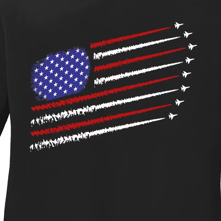 Fighter Jets With Usa American Flag 4th Of July Celebration Ladies Long Sleeve Shirt