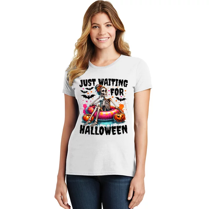 Funny Just Waiting For Halloween Skeleton Spooky Vibe Summer Women's T-Shirt