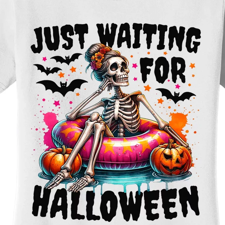 Funny Just Waiting For Halloween Skeleton Spooky Vibe Summer Women's T-Shirt