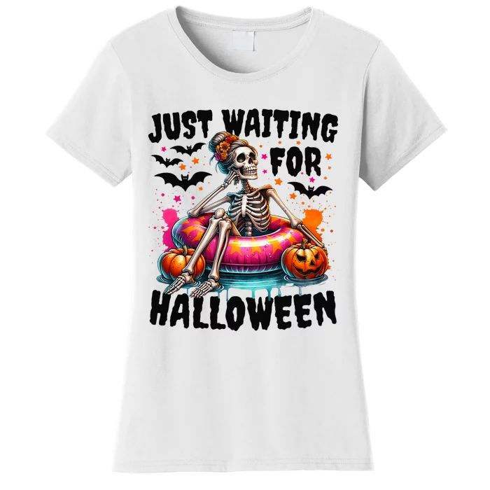 Funny Just Waiting For Halloween Skeleton Spooky Vibe Summer Women's T-Shirt