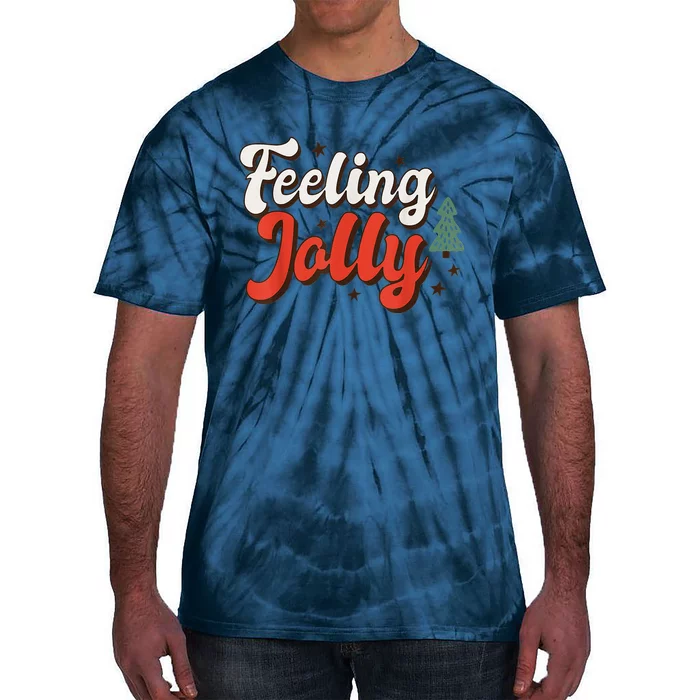 Feeling Jolly Xmas Groovy Vibes Family Christmas Tree Pajama Tie-Dye T-Shirt