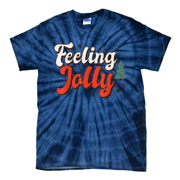 Feeling Jolly Xmas Groovy Vibes Family Christmas Tree Pajama Tie-Dye T-Shirt