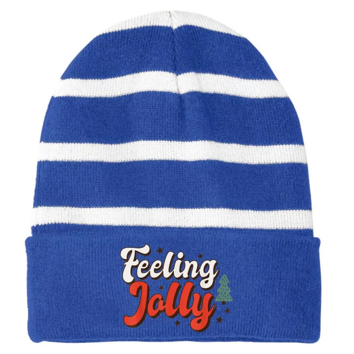 Feeling Jolly Xmas Groovy Vibes Family Christmas Tree Pajama Striped Beanie with Solid Band