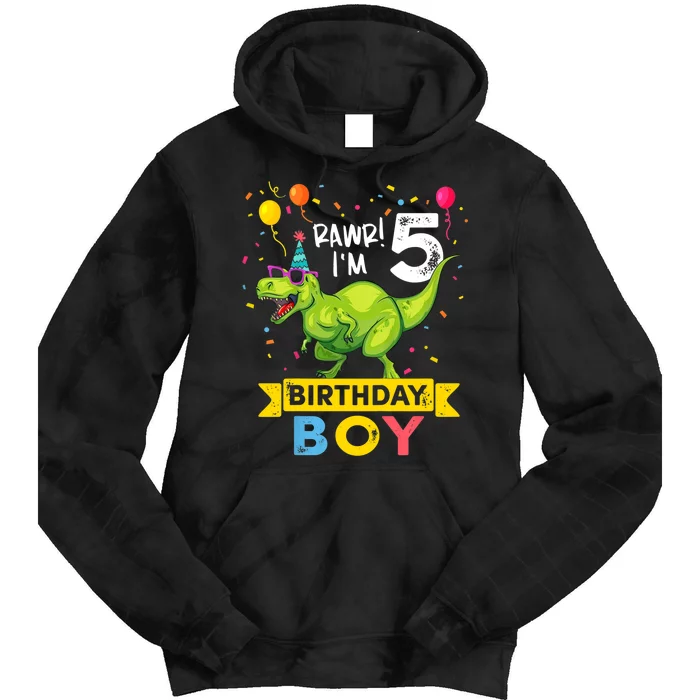 Funny Kids 5 Year Old Gift 5th Birthday Boy T Rex Dinosaur Gift Tie Dye Hoodie