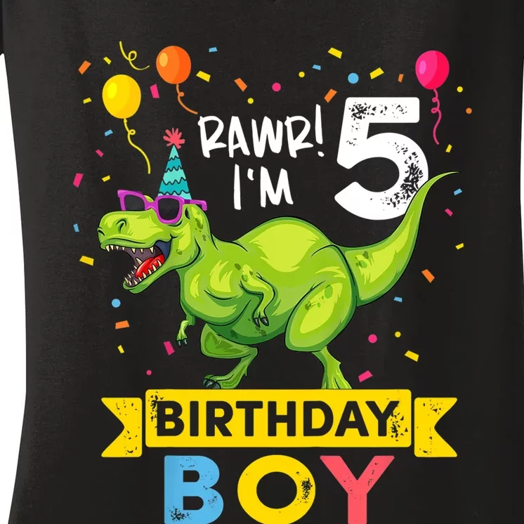 Funny Kids 5 Year Old Gift 5th Birthday Boy T Rex Dinosaur Gift Women's V-Neck T-Shirt