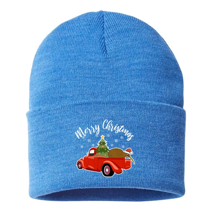 Funny Kiwi Bird Lover Xmas Santa Hat Red PickUp Truck Funny Gift Sustainable Knit Beanie