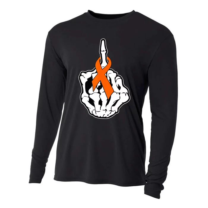 Fuck Kidney Cancer Awareness Middle Finger Orange Ribbon Cooling Performance Long Sleeve Crew