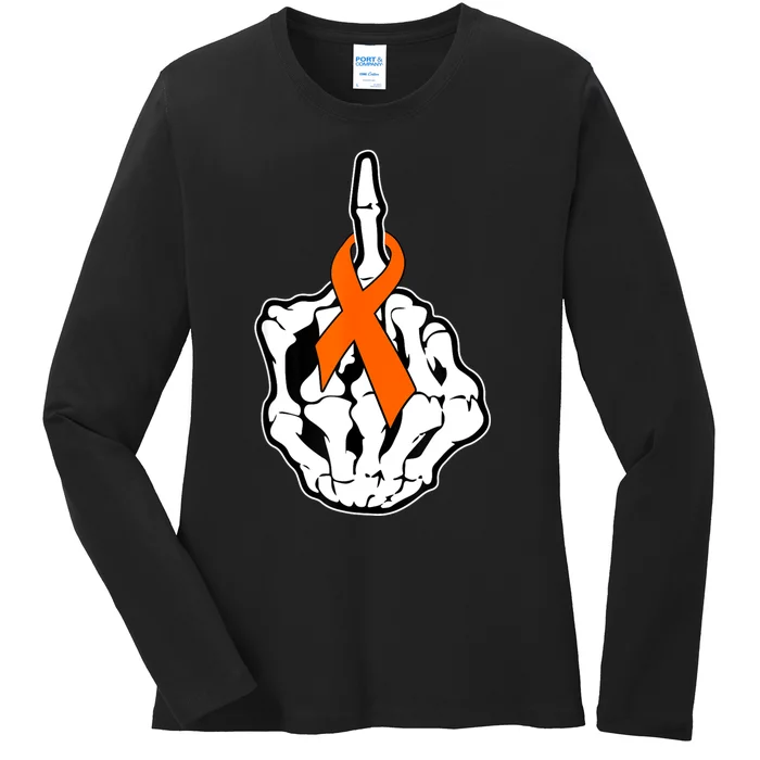 Fuck Kidney Cancer Awareness Middle Finger Orange Ribbon Ladies Long Sleeve Shirt