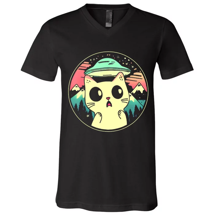 Funny Kawaii Cat Aliens And Ufo V-Neck T-Shirt