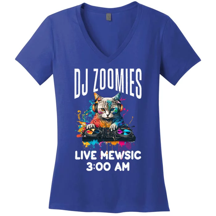 Funny Kitty Cat Lover Rainbow Funny DJ Music Zoomies Women's V-Neck T-Shirt