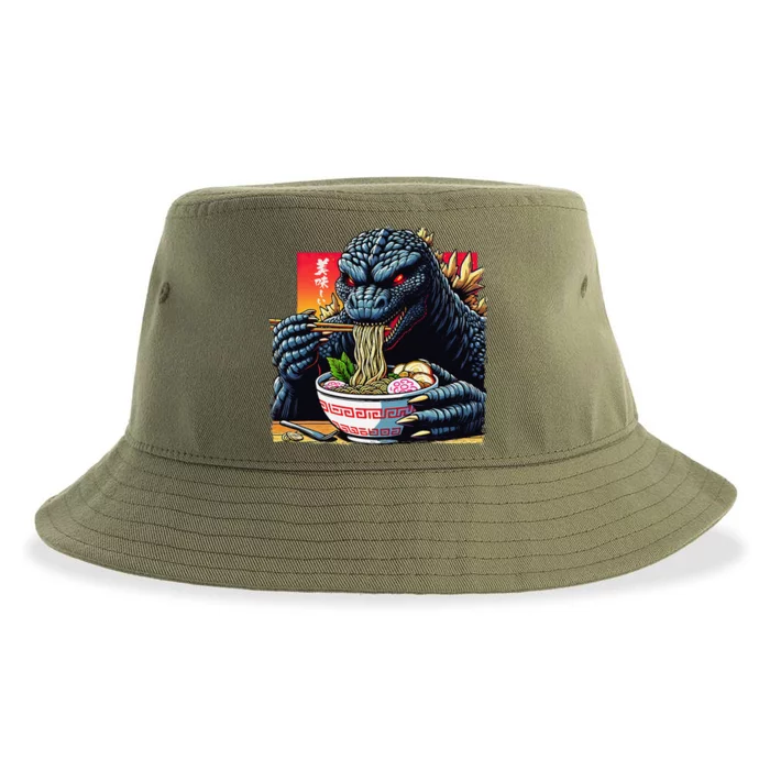 Funny Kaiju Eating Ramen Japanese Monster Lover Birthday Sustainable Bucket Hat