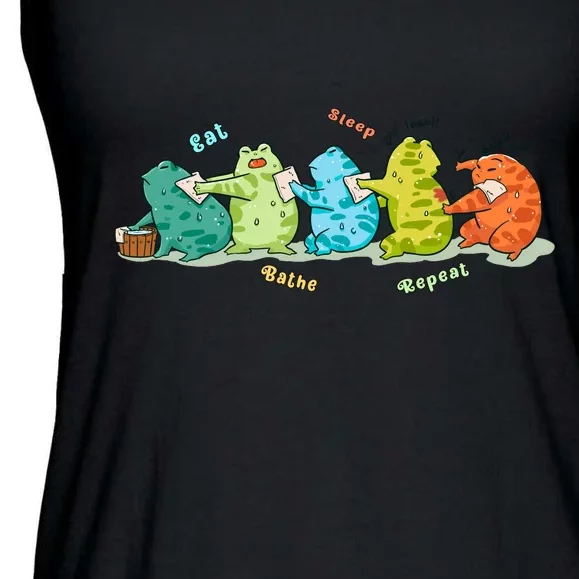 Funny Kawaii Frog Eat. Sleep. Bathe. Repeat Gift Ladies Essential Flowy Tank