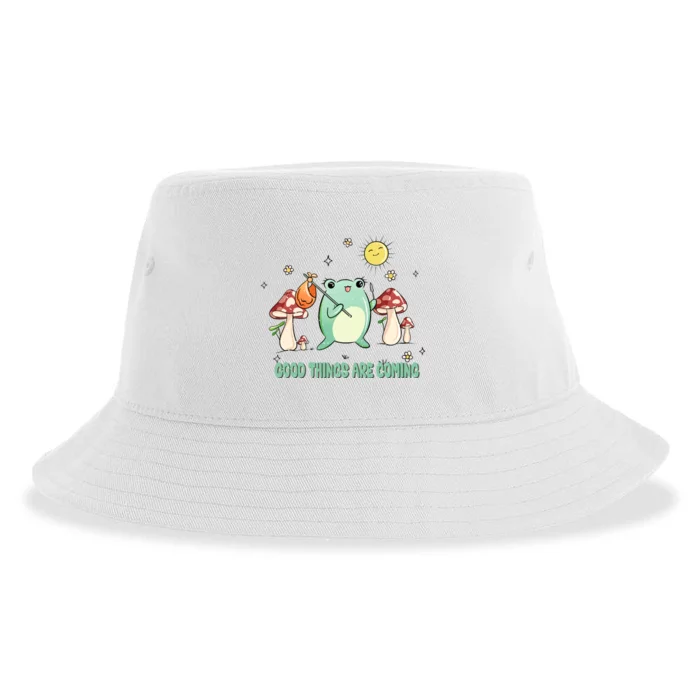 Frog with Mushroom Hat Cute Cottagecore Aesthetic Gift Sustainable Bucket Hat