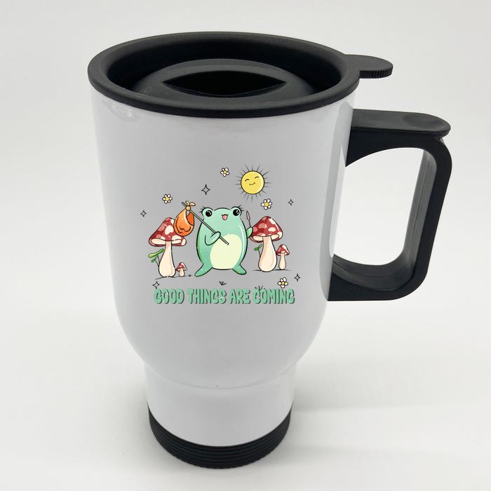 Frog with Mushroom Hat Cute Cottagecore Aesthetic Gift Front & Back Stainless Steel Travel Mug