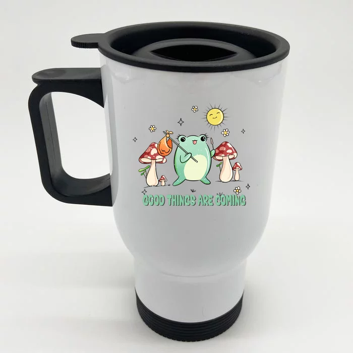 Frog with Mushroom Hat Cute Cottagecore Aesthetic Gift Front & Back Stainless Steel Travel Mug