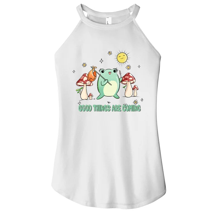 Frog with Mushroom Hat Cute Cottagecore Aesthetic Gift Women’s Perfect Tri Rocker Tank