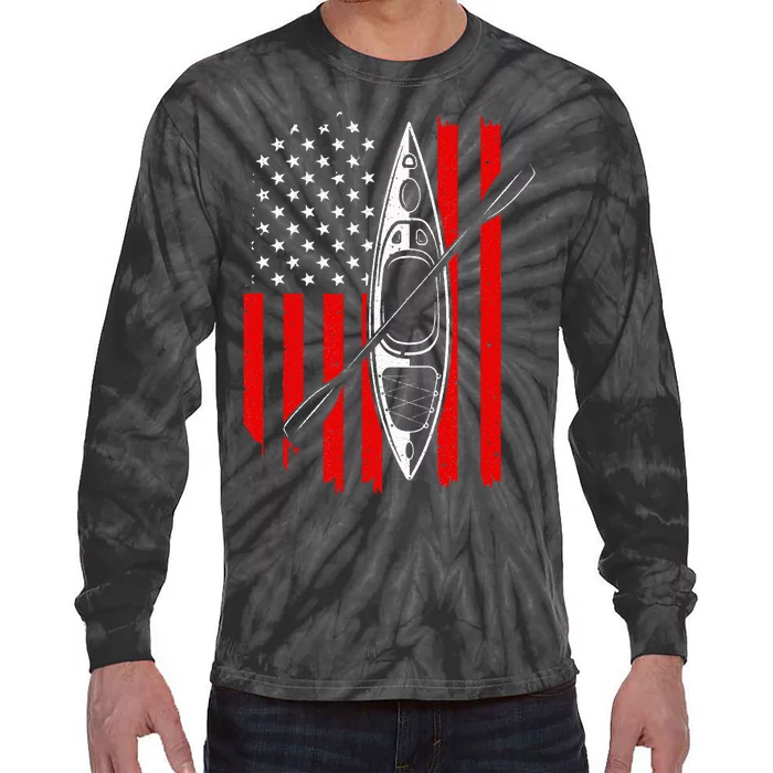 Funny Kayaking Gift For  Cool American Flag Kayak Tie-Dye Long Sleeve Shirt