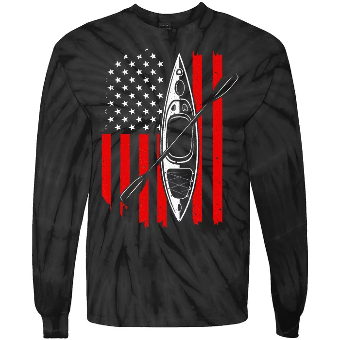 Funny Kayaking Gift For  Cool American Flag Kayak Tie-Dye Long Sleeve Shirt