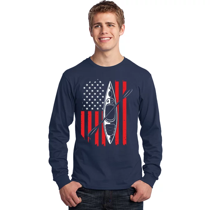 Funny Kayaking Gift For Cool American Flag Kayak Long Sleeve Shirt