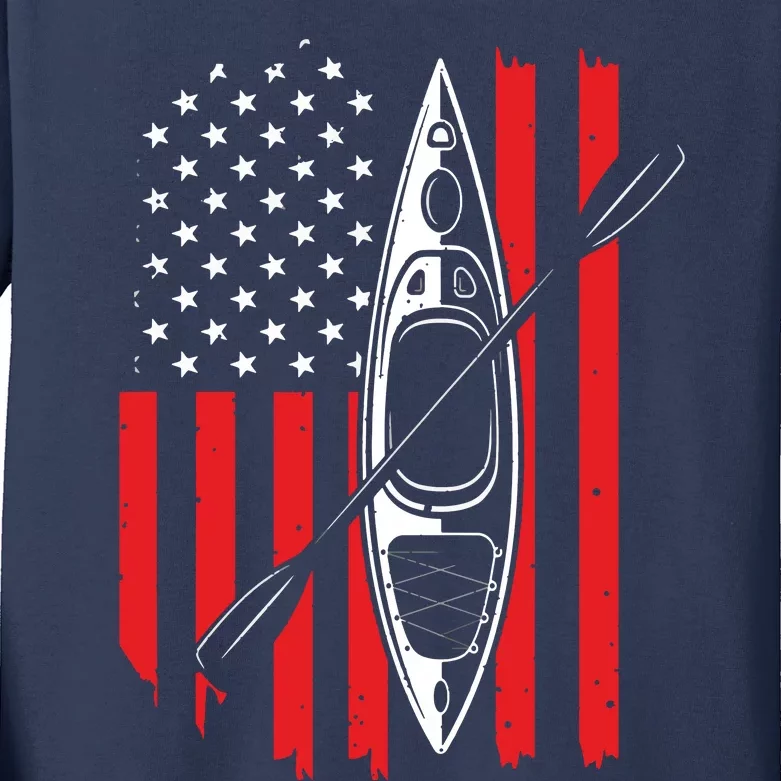 Funny Kayaking Gift For Cool American Flag Kayak Kids Long Sleeve Shirt