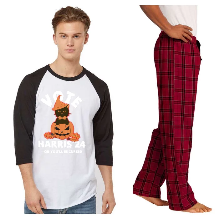 Funny Kamala Harris Halloween 2024 Harris Cat Halloween Cool Gift Raglan Sleeve Pajama Set