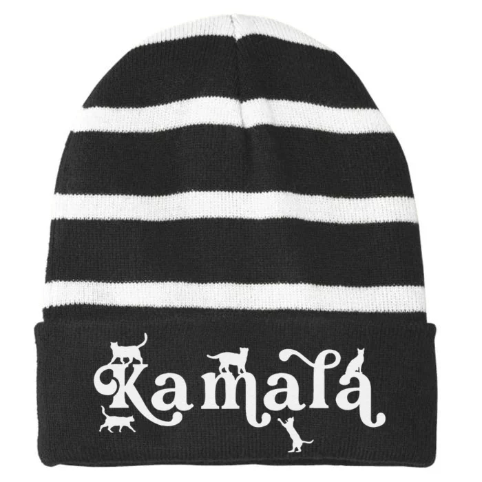 Funny Kamala Harris Cat Lettering Striped Beanie with Solid Band