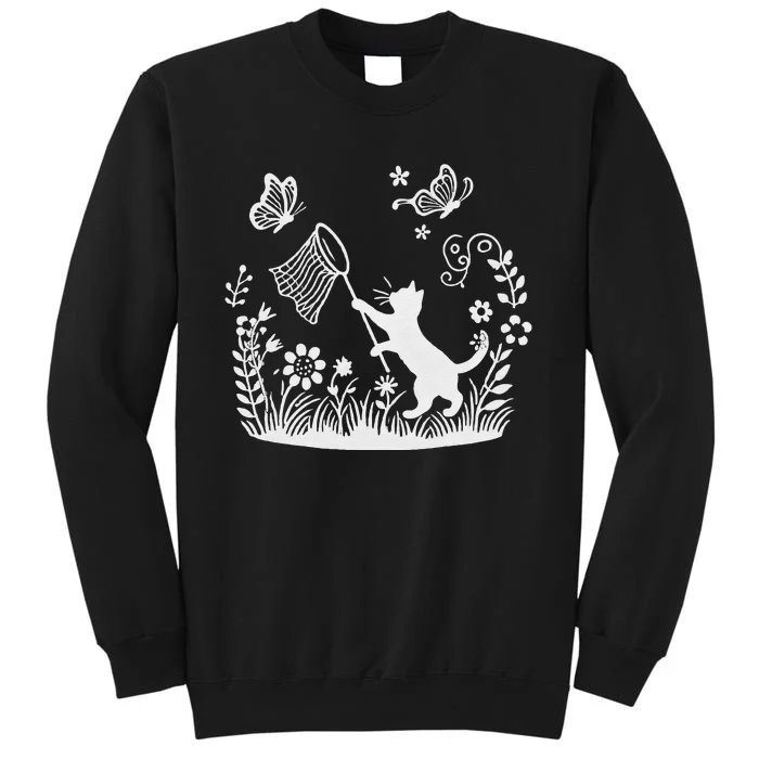 Flower Kitten Lover Butterfly Catching Net Floral Cat Tall Sweatshirt