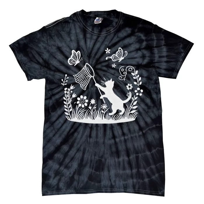 Flower Kitten Lover Butterfly Catching Net Floral Cat Tie-Dye T-Shirt