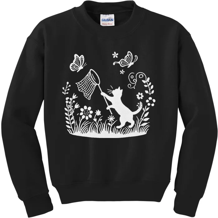 Flower Kitten Lover Butterfly Catching Net Floral Cat Kids Sweatshirt