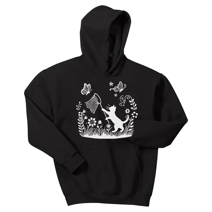 Flower Kitten Lover Butterfly Catching Net Floral Cat Kids Hoodie