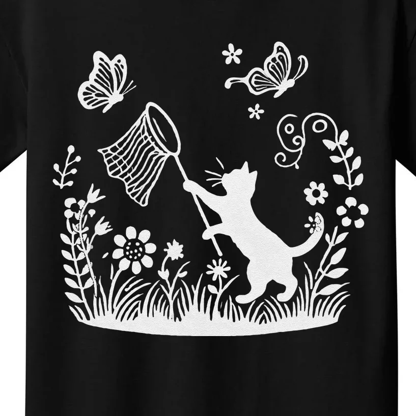 Flower Kitten Lover Butterfly Catching Net Floral Cat Kids T-Shirt