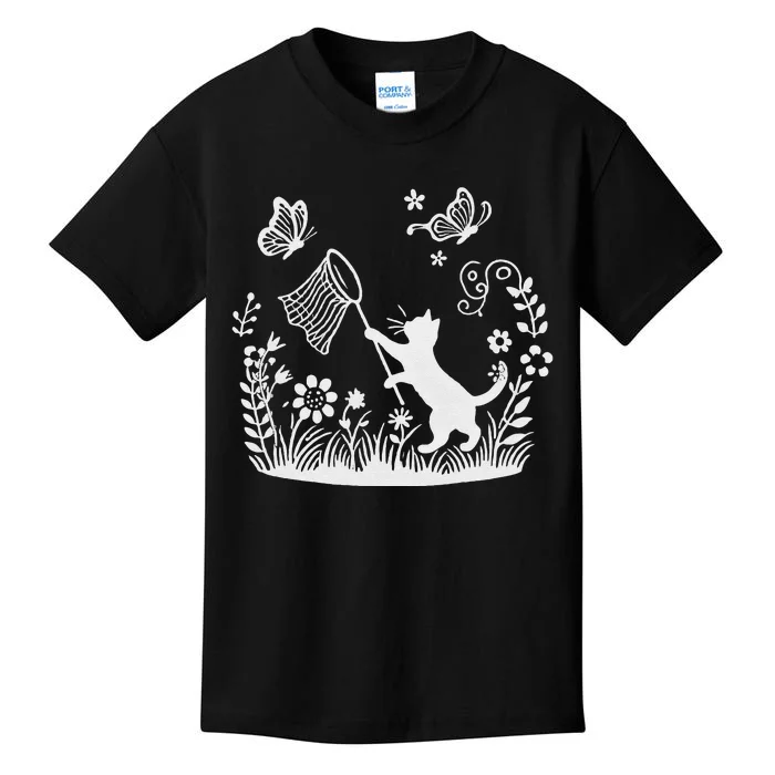 Flower Kitten Lover Butterfly Catching Net Floral Cat Kids T-Shirt