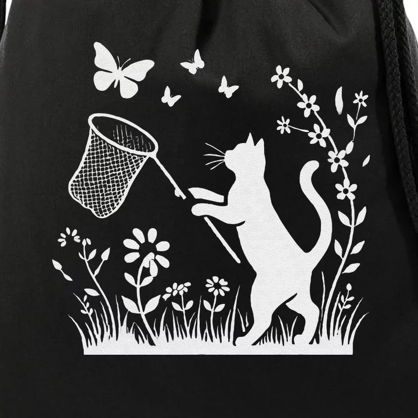 Flower Kitten Lover Butterfly Catching Net Floral Cat Drawstring Bag