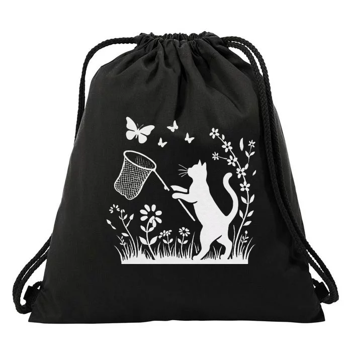 Flower Kitten Lover Butterfly Catching Net Floral Cat Drawstring Bag