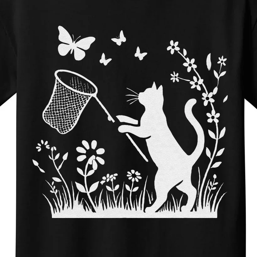 Flower Kitten Lover Butterfly Catching Net Floral Cat Kids T-Shirt