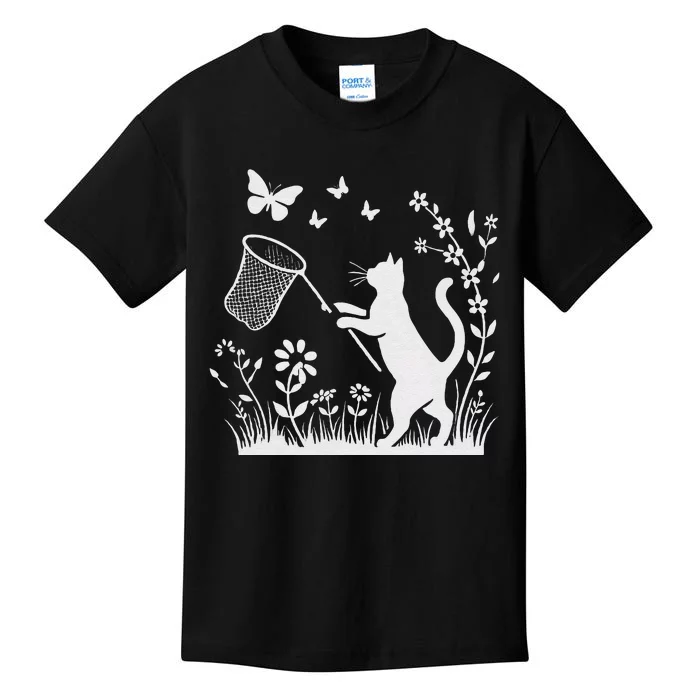 Flower Kitten Lover Butterfly Catching Net Floral Cat Kids T-Shirt