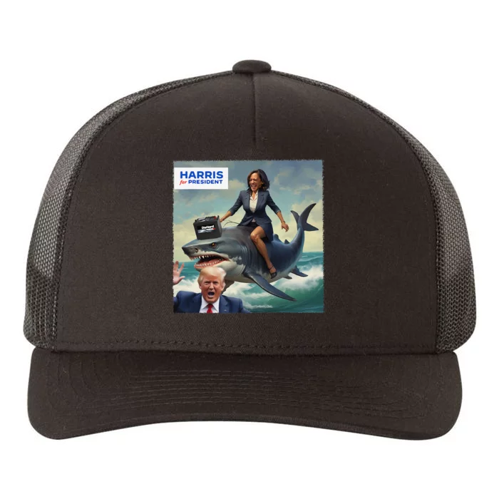 Funny Kamala Riding A Shark 2024 President Beat Trump Gift Yupoong Adult 5-Panel Trucker Hat