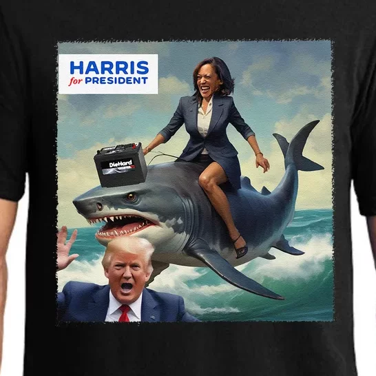 Funny Kamala Riding A Shark 2024 President Beat Trump Gift Pajama Set