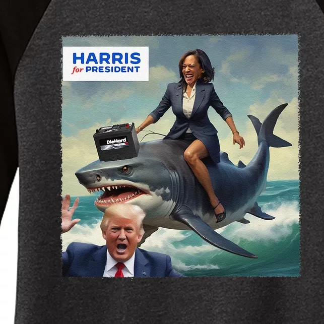 Funny Kamala Riding A Shark 2024 President Beat Trump Gift Women's Tri-Blend 3/4-Sleeve Raglan Shirt