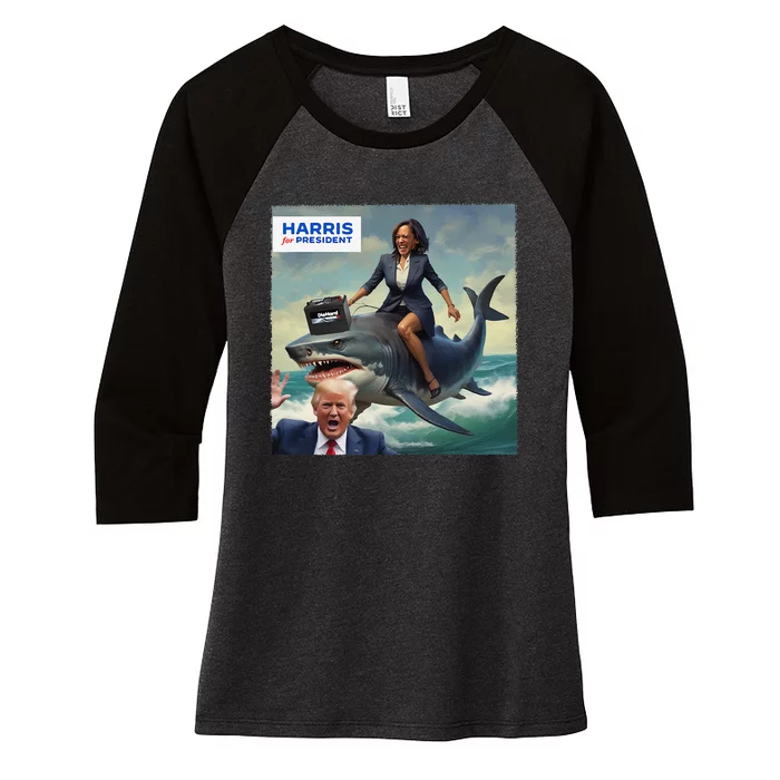 Funny Kamala Riding A Shark 2024 President Beat Trump Gift Women's Tri-Blend 3/4-Sleeve Raglan Shirt