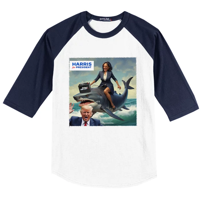 Funny Kamala Riding A Shark 2024 President Beat Trump Gift Baseball Sleeve Shirt