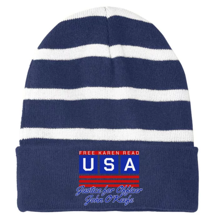 Free Karen Read Justice For Officer John OKeefe Usa America Striped Beanie with Solid Band