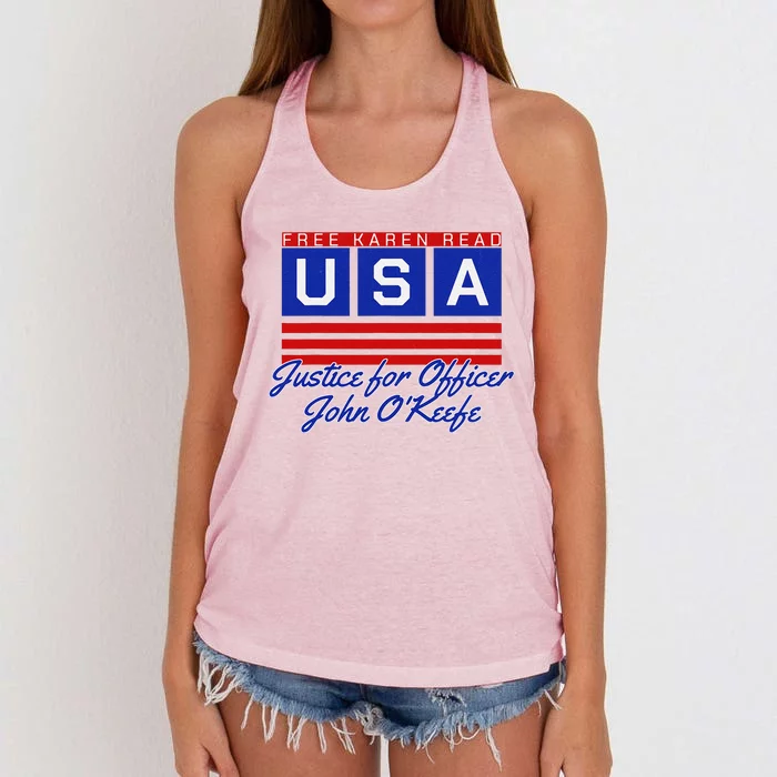 Free Karen Read Justice For Officer John OKeefe Usa America Women's Knotted Racerback Tank