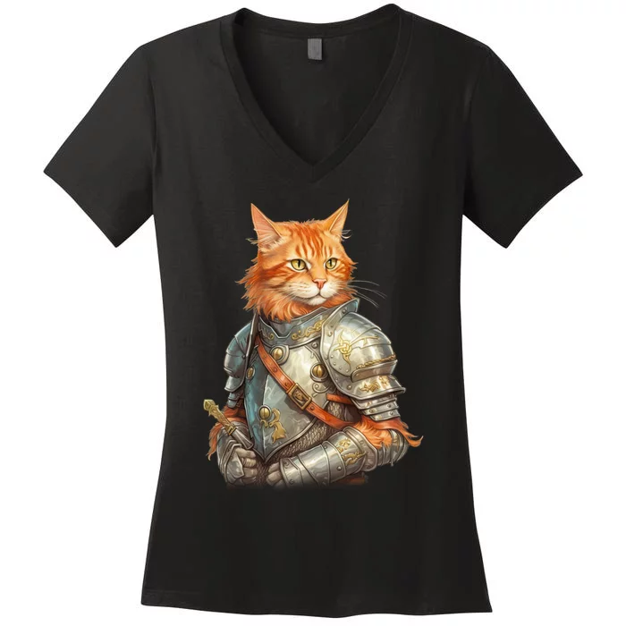 Feline Knight Templar The Crusader Cat Women's V-Neck T-Shirt