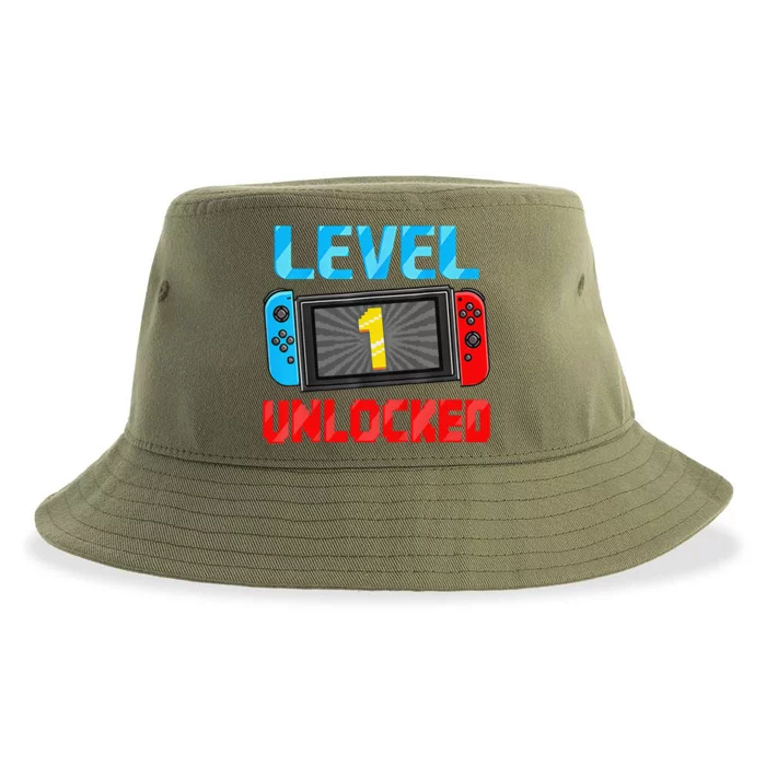 Funny Level 1 Unlocked Gamer 1st Birthday Gift Video Game Sustainable Bucket Hat