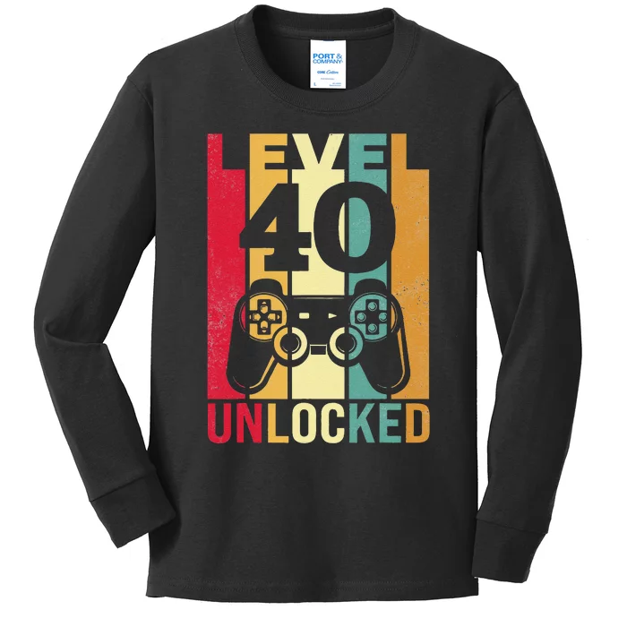 Funny Level 40 Unlocked Him BDay Turning 40th Birthday Kids Long Sleeve Shirt