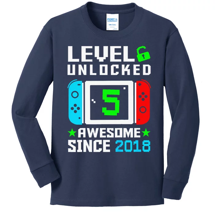 Funny Level 5 Unlocked 5th Birthday 5 Year Old Gift Gamer Kids Long Sleeve Shirt